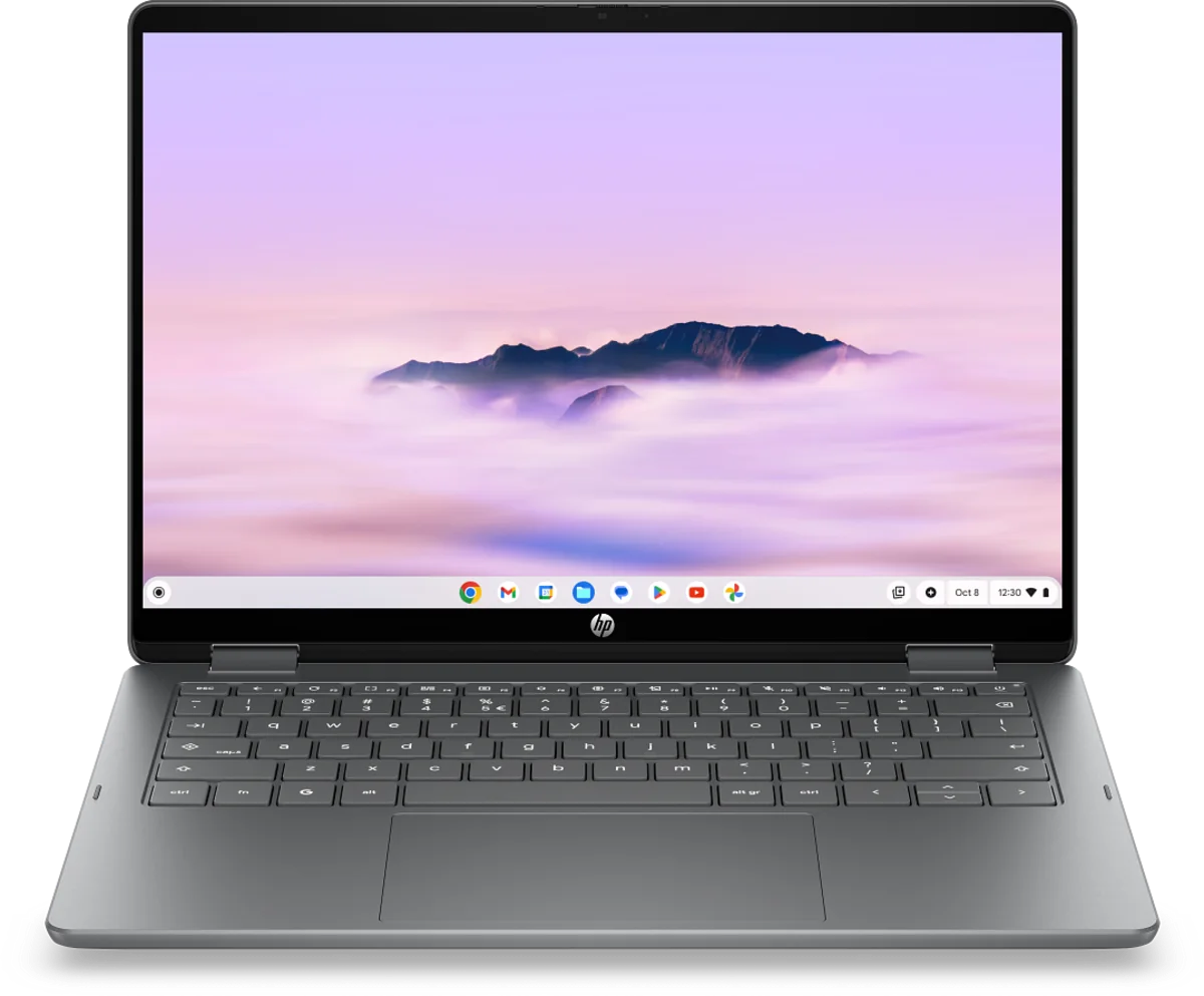 HP Chromebook Plus x360 14 (2026) in Glacier Silver, open in laptop mode