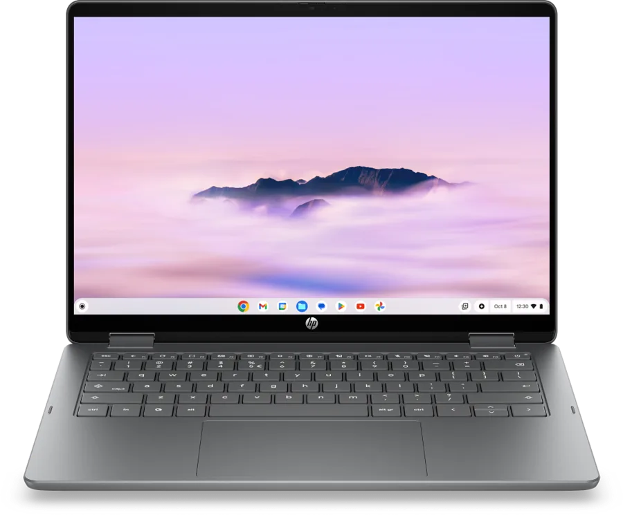 HP Chromebook Plus x360 14 (2026) convertible in Glacier Silver, front view